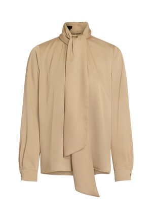 Beige Seidenbluse mit einem hohen Kragen und einem langen, gebundenen Schleifendetail. Verfügt über lange Ärmel mit geknöpften Manschetten und einem glatten, strukturierten Stoff.