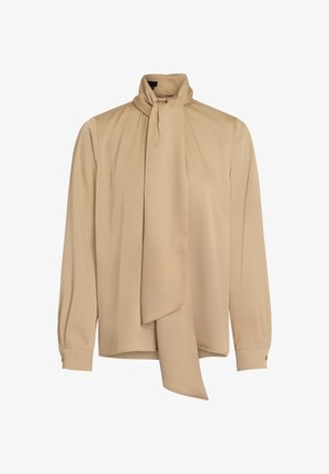 Beige silk blouse with a high neck and long tied bow detail. Features long sleeves with buttoned cuffs and a smooth, textured fabric.