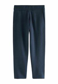 Navy blue jogger pants made from soft fabric, featuring a ribbed waistband, two side pockets, and a straight-leg cut.