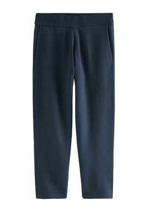 Navy blue jogger pants made from soft fabric, featuring a ribbed waistband, two side pockets, and a straight-leg cut.