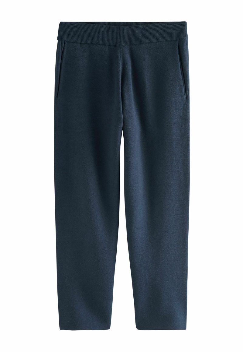Navy blue jogger pants made from soft fabric, featuring a ribbed waistband, two side pockets, and a straight-leg cut.
