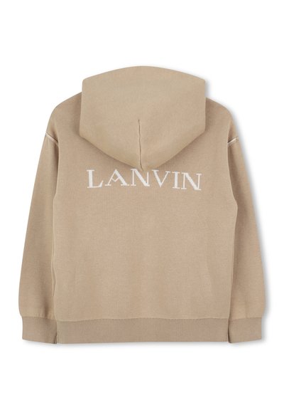 Felpa beige con cappuccio, polsini e bordo a coste. Logo "LANVIN" in bianco knit sul retro. Tessuto morbido, design semplice, senza motivi.