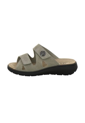 Light gray suede open-toe slide sandal with two adjustable straps, decorative metal button, and black cushioned sole.