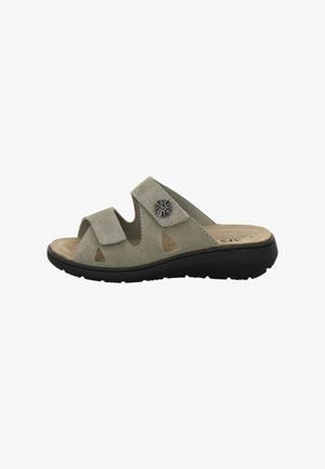 Light gray suede open-toe slide sandal with two adjustable straps, decorative metal button, and black cushioned sole.