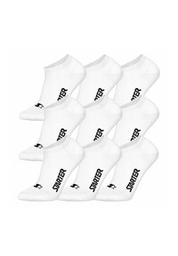 Neun Paar weiße Knöchelsocken mit schwarzem "STARTER"-Text und einem Stern-Logo auf der oberen Vorderseite.