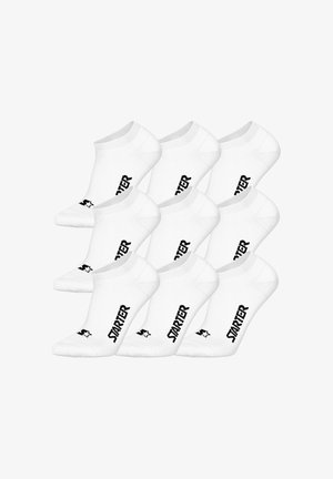 Nine pairs of white ankle socks with black "STARTER" text and a star logo on the top front.