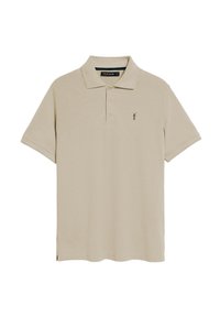 Polo in beige realizzato in cotone, con colletto, tre bottoni, maniche corte e un piccolo logo scuro sul lato sinistro del petto. Fessure laterali all'orlo.