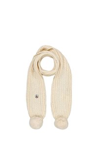 Bufanda de punto de color crema con un diseño texturizado, que presenta dos pompones suaves en cada extremo y una pequeña etiqueta con el logo.