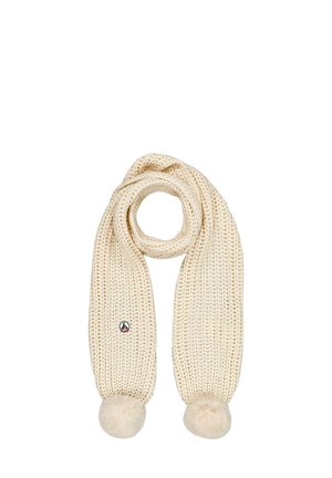 Bufanda de punto de color crema con un diseño texturizado, que presenta dos pompones suaves en cada extremo y una pequeña etiqueta con el logo.