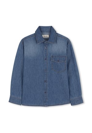 Denim overhemd met knopen in middelblauw, voorzien van een borstzak, een kraag, lange mouwen en contrasterende naden.
