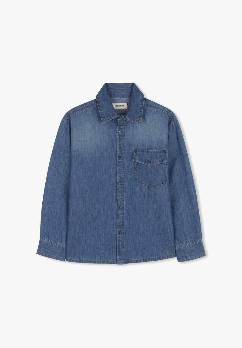 Denim button-up shirt in medium blue with a front pocket, collared neckline, long sleeves, and contrasting stitching details.