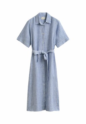 Blau-weiß gestreiftes, knielanges Hemdkleid mit kurzen Ärmeln, durchgehender Knopfleiste, Kragen und gebundenem Taillengürtel.