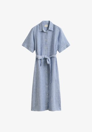 Blau-weiß gestreiftes, knielanges Hemdkleid mit kurzen Ärmeln, durchgehender Knopfleiste, Kragen und gebundenem Taillengürtel.