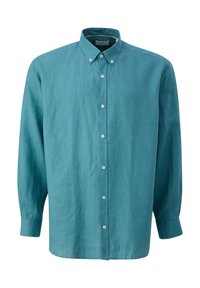 Teal langslievende shirt van linnen, met een button-down kraag, knopen aan de voorkant en een relaxte pasvorm. Gladde textuur met lichte kreukels.