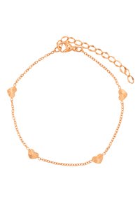 Różowo-złoty bransoletka z naprzemiennymi, teksturowanymi i gładkimi, sercowymi ogniwami, połączonymi ogniwami łańcucha, z zapięciem i regulowanym łańcuchem.