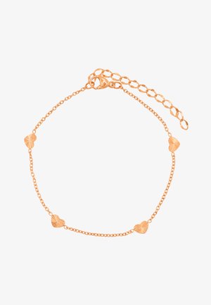 Armband aus Roségold mit abwechselnd strukturierten und glatten herzförmigen Gliedern, verbunden durch Kettenglieder, mit einem Verschluss und einer verstellbaren Kette.