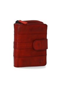 Rødt læderpung med en tekstureret overflade, der har lynlås, vandrette striber og en trykknap. Mærket er indgraveret på forsiden.