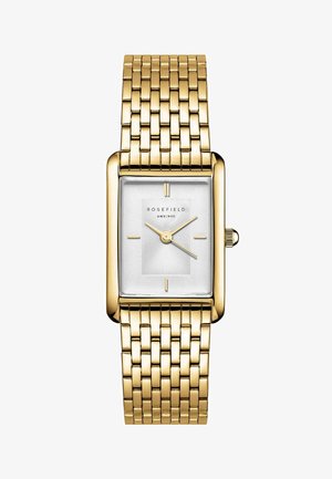 Orologio rettangolare dorato con quadrante argentato testurizzato, indicatori delle ore minimalisti e bracciale in metallo intrecciato. Nome del marchio "ROSEFIELD" visibile.