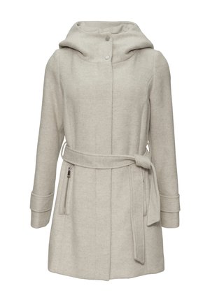 Light beige coat with a hood, made of soft fabric. Features a tie belt, side zipper pockets, and rolled cuffs. Simple, clean design.