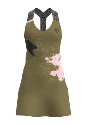 Abito sportivo senza maniche verde oliva con motivi astratti neri e rosa e spalline a incrocio nere screziate.