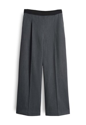 Gray wide-leg trousers with a subtle pinstripe design, featuring a black elastic waistband and a smooth fabric texture.