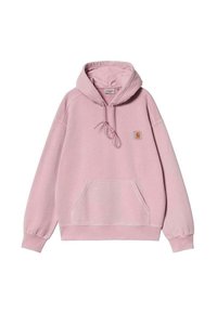 Sudadera con capucha de color rosa claro, con un bolsillo tipo canguro, cordón ajustable y puños acanalados. Presenta un pequeño parche con el logo en la parte frontal.