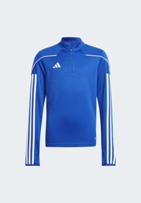 Blauer Sportpullover mit hohem Kragen, halbem Reißverschluss und weißen diagonalen Streifen an den Ärmeln. Hergestellt aus strukturiertem Synthetikmaterial.