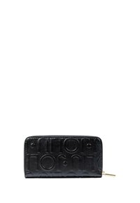 Cartera de piel negra que presenta un diseño texturizado en relieve con patrones circulares y un detalle de cremallera dorada. Forma rectangular.