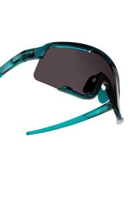 Türkise Plastiksonnenbrille mit Wraparound-Design, dunklen Gläsern und klaren Bügeln. Verfügt über dezente Markenkennzeichnung am Bügel.
