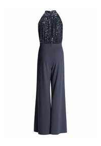 Marineblauer ärmelloser Jumpsuit mit weitem Bein und paillettenbesetztem Neckholder-Oberteil, vorne mit Reißverschluss und hoher Taille.