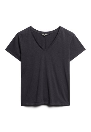 Czarna, szara koszulka z krótkim rękawem w serek, wykonana z miękkiego materiału, z dyskretnym logo wyszytym na piersi oraz luźnym krojem.