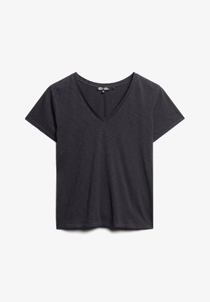 Czarna, szara koszulka z krótkim rękawem w serek, wykonana z miękkiego materiału, z dyskretnym logo wyszytym na piersi oraz luźnym krojem.