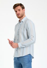 Camicia button-up blu chiaro con righe verticali e un motivo sottile, realizzata in tessuto con una consistenza morbida. Maniche lunghe e polsini con bottone.