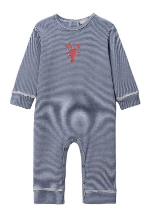 Grenouillère bébé rayée bleu marine et blanche à manches longues, boutons-pression le long des jambes, avec un motif homard rouge sur la poitrine.