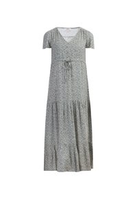 Rochie maxi cu decolteu în V, mâneci bufante scurte, închidere cu nasturi și model floral în verde și crem. Are un fustă în straturi și un cordon de legat.