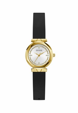 Montre en or avec un cadran blanc et des accents brillants, dotée d'un bracelet noir. Le nom de la marque "GUESS" apparaît sur le cadran.