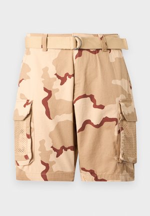Beige and brown camouflage cargo shorts with large side pockets and a beige fabric belt with metal D-ring buckle.