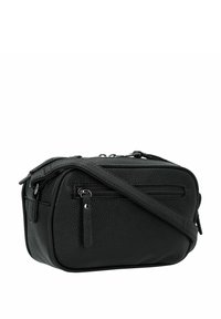 Borsa a tracolla nera in pelle con superficie testurizzata, scomparti con zip, tracolla regolabile e forma rettangolare.