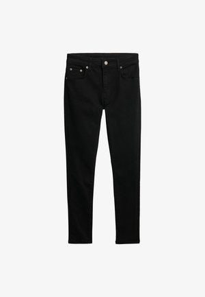 Jeans skinny de denim negro con una textura suave, que cuentan con un diseño de cinco bolsillos y cierre de botón. Sin patrones o herrajes visibles.