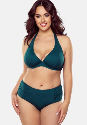 Teal bikini set featuring a halter neck top with a deep V neckline and high-waisted bottoms with side ruching for added detail.