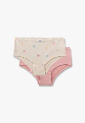 Zwei Paare Kinder-Slips, eines beige mit bunten Polka-Dots, eines einfarbig rosa, beide aus Baumwolle mit elastischem Bund.