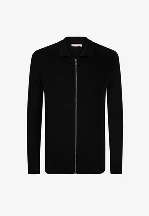 Czarny prążkowany kardigan z zamkiem z przodu, z wyodrębnionym kołnierzem i długimi rękawami. Wykonany z fakturowanej dzianiny.