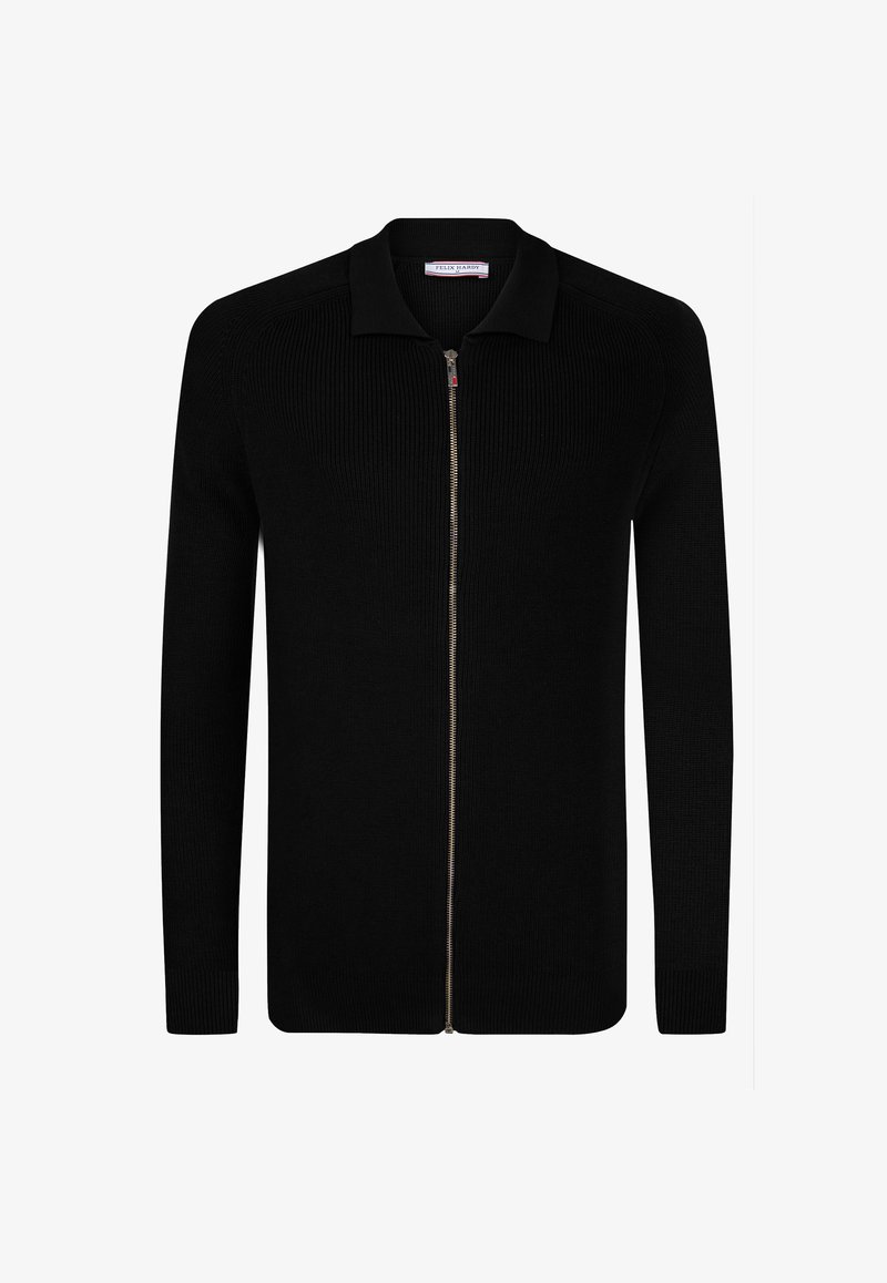 Černá žebrovaná kardigan s předním zipem, s špičatým límcem a dlouhými rukávy. Vyrobeno z texturovaného pleteného materiálu.
