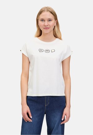 White cotton t-shirt with rolled sleeves, featuring three speech bubbles with "OH," "YES," and a sun icon in black and yellow embroidery.