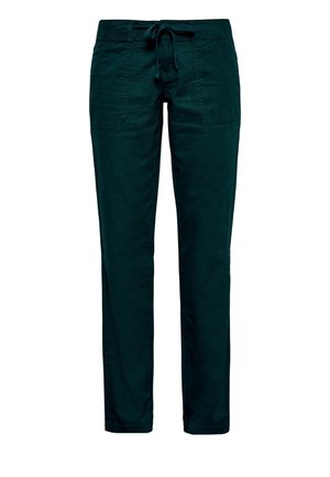Dark green straight-leg pants with front patch pockets and a fabric drawstring waistband, designed for casual wear.