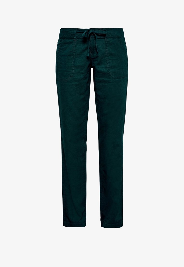 Pantalon vert foncé à coupe droite avec poches plaquées à l'avant et taille à cordon en tissu, conçu pour un usage décontracté.