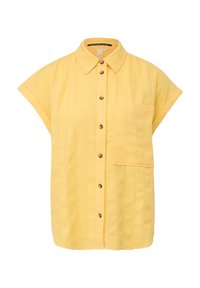 Chemise jaune à manches courtes avec boutons, rayures verticales texturées et une poche poitrine côté gauche.
