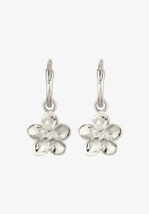 Silberne, blumenförmige Ohrringe mit detaillierter Blütenblattstruktur und einem zentralen Kristallakzent. Leverback-Verschluss für sicheren Halt.