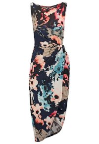 Bezramenné květinové midi šaty s navy, korálovou, béžovou a tyrkysovou vzorovou kombinací, se svázaným uzlem v pase.
