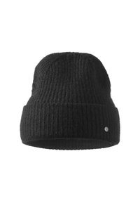 Pletená černá čepice s ribbovanou strukturou, s přihrnutým okrajem a malým kovovým logem na boku. Měkký, teplý materiál.